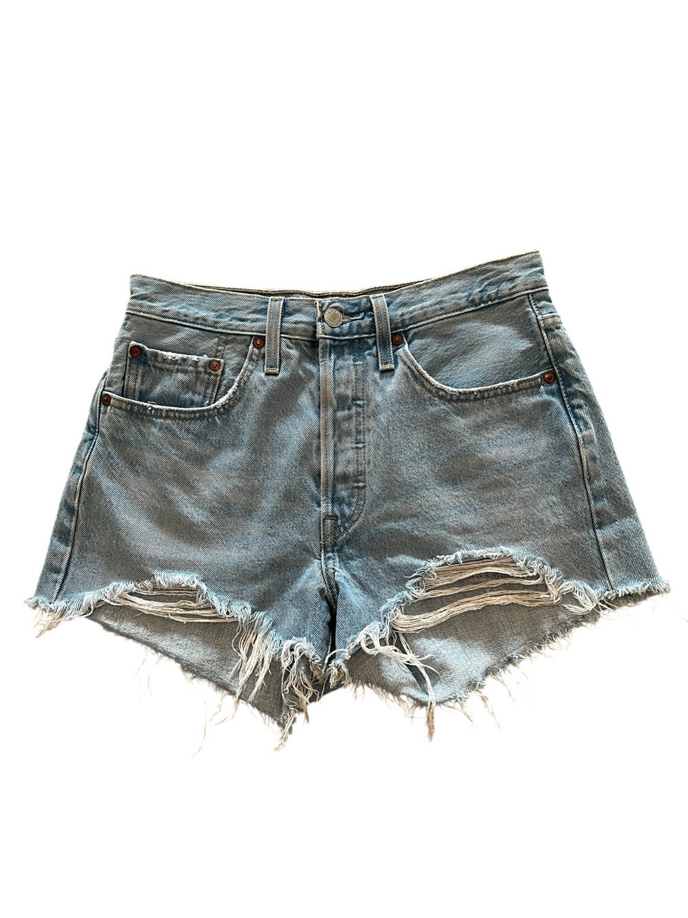 Levi’s 100% Cotton Light Blue High Waist Distressed Denim Shorts- 26